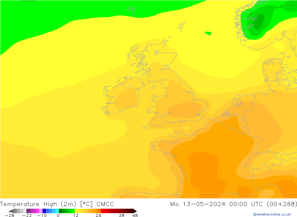 Max.temperatuur (2m) CMCC ma 13.05.2024 00 UTC