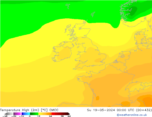 Max. Temperatura (2m) CMCC nie. 19.05.2024 00 UTC