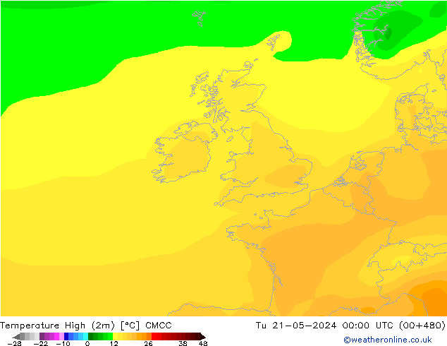 Temperature High (2m) CMCC Tu 21.05.2024 00 UTC