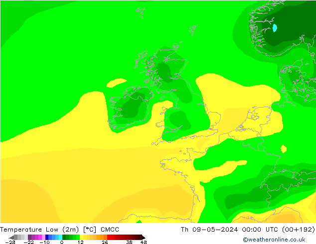 Temperatura mín. (2m) CMCC jue 09.05.2024 00 UTC