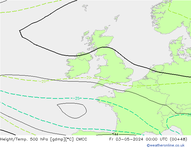 Height/Temp. 500 гПа CMCC пт 03.05.2024 00 UTC