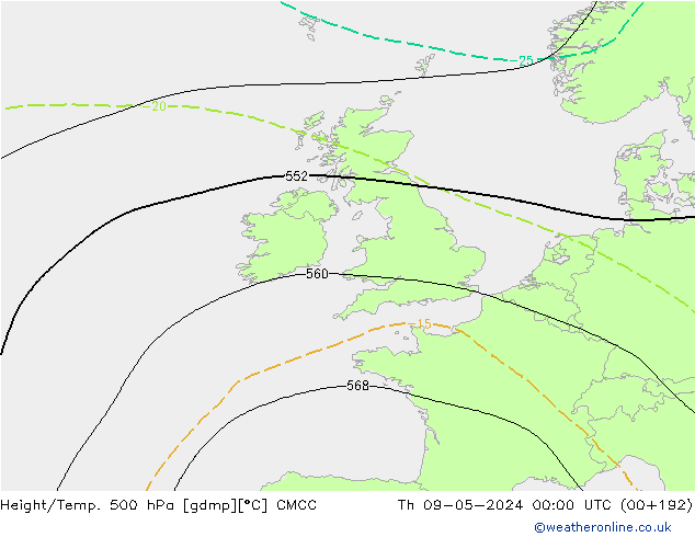 Height/Temp. 500 hPa CMCC Čt 09.05.2024 00 UTC