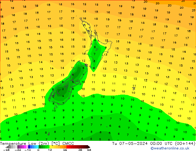 Temperature Low (2m) CMCC Tu 07.05.2024 00 UTC