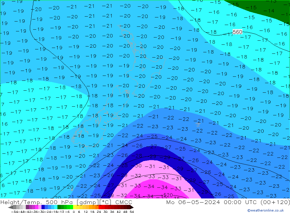 Height/Temp. 500 hPa CMCC pon. 06.05.2024 00 UTC