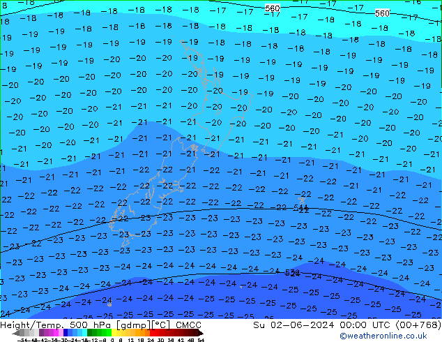 Height/Temp. 500 hPa CMCC dom 02.06.2024 00 UTC