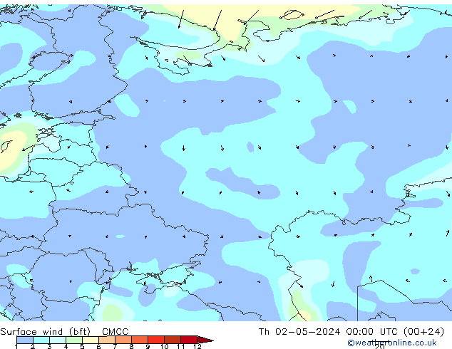 Surface wind (bft) CMCC Th 02.05.2024 00 UTC