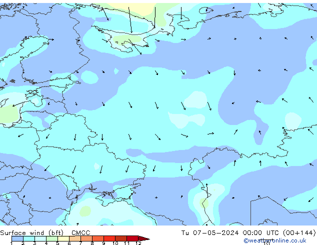 Viento 10 m (bft) CMCC mar 07.05.2024 00 UTC