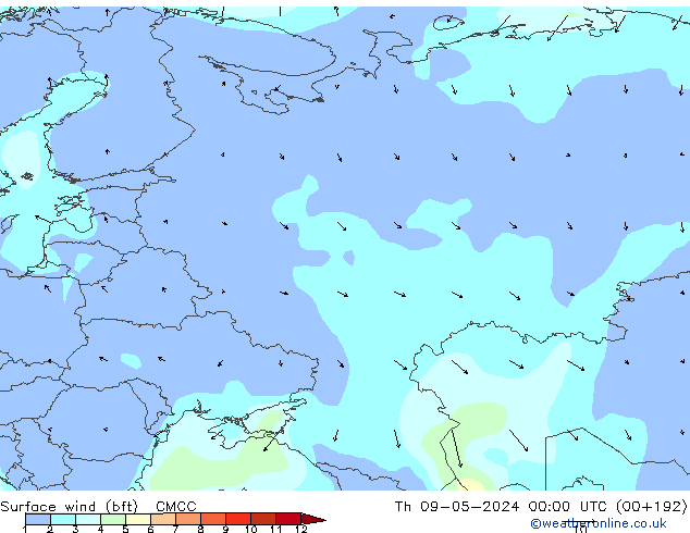 Surface wind (bft) CMCC Čt 09.05.2024 00 UTC