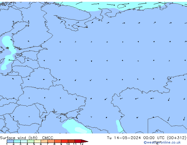 Surface wind (bft) CMCC Út 14.05.2024 00 UTC