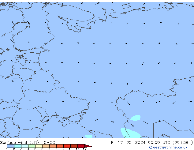 Viento 10 m (bft) CMCC vie 17.05.2024 00 UTC