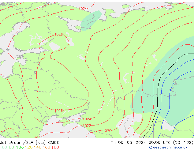 Jet stream CMCC Qui 09.05.2024 00 UTC