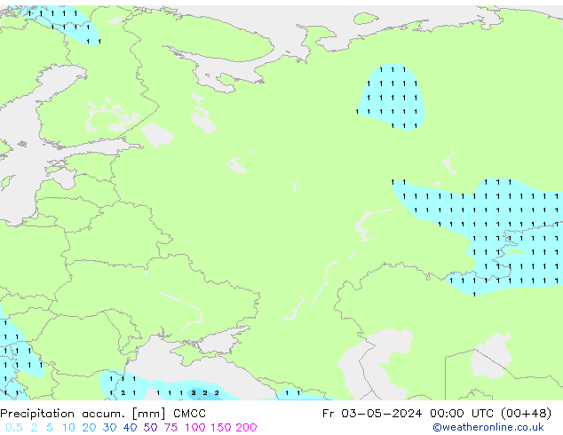 Totale neerslag CMCC vr 03.05.2024 00 UTC