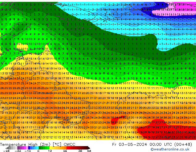 temperatura máx. (2m) CMCC Sex 03.05.2024 00 UTC