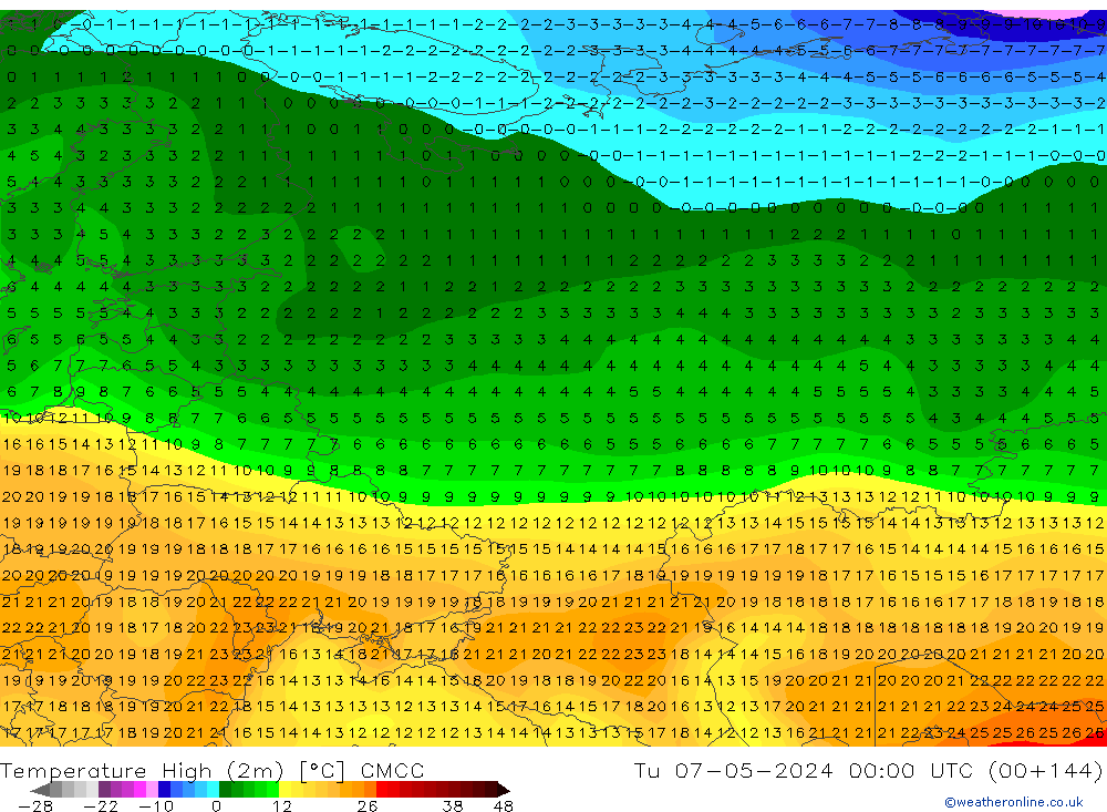 Temp. massima (2m) CMCC mar 07.05.2024 00 UTC