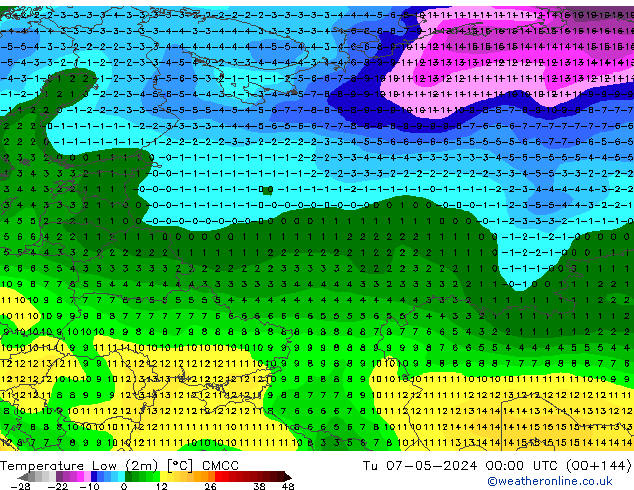 Min.temperatuur (2m) CMCC di 07.05.2024 00 UTC