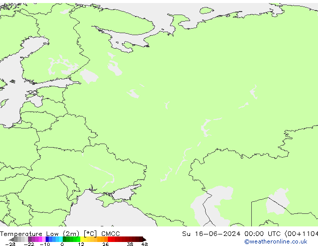 Min.temperatuur (2m) CMCC zo 16.06.2024 00 UTC