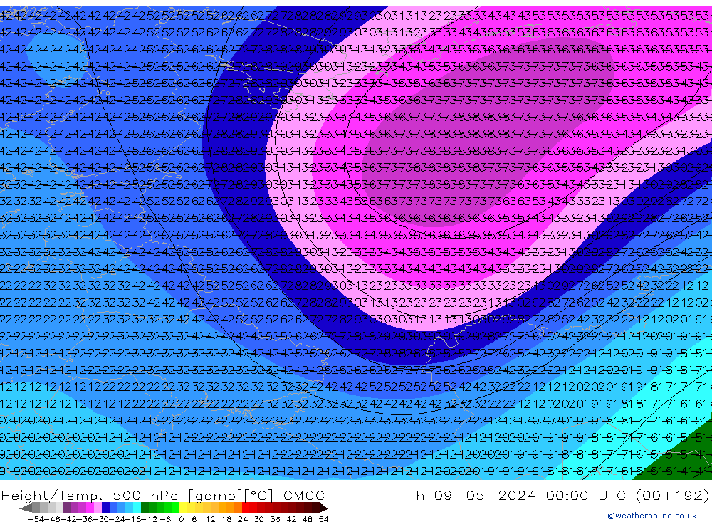 Height/Temp. 500 hPa CMCC Th 09.05.2024 00 UTC