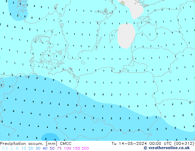 Precipitation accum. CMCC Út 14.05.2024 00 UTC