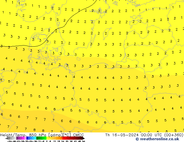 Height/Temp. 850 hPa CMCC gio 16.05.2024 00 UTC