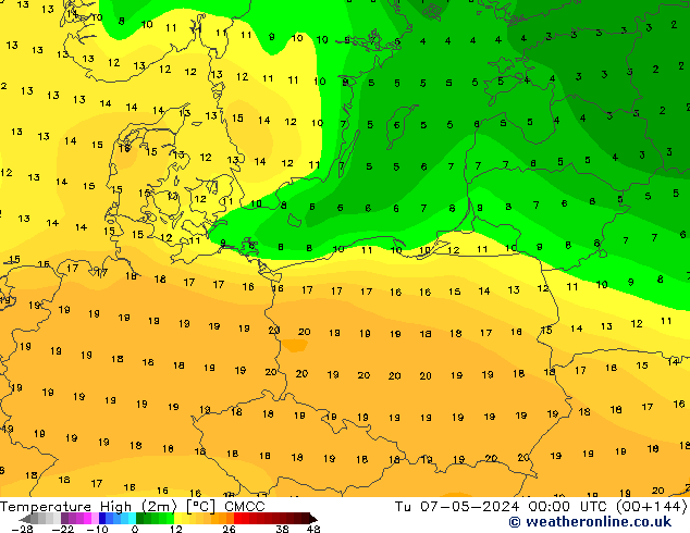 Temperature High (2m) CMCC Tu 07.05.2024 00 UTC