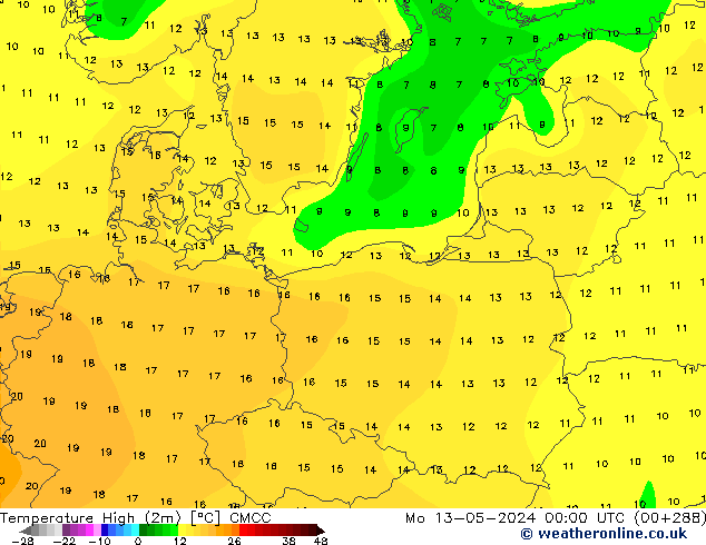 temperatura máx. (2m) CMCC Seg 13.05.2024 00 UTC