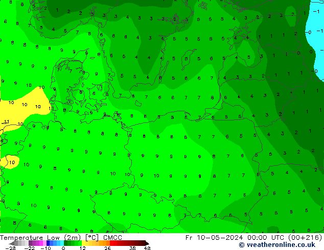 temperatura mín. (2m) CMCC Sex 10.05.2024 00 UTC