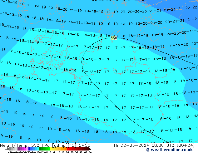 Height/Temp. 500 гПа CMCC чт 02.05.2024 00 UTC