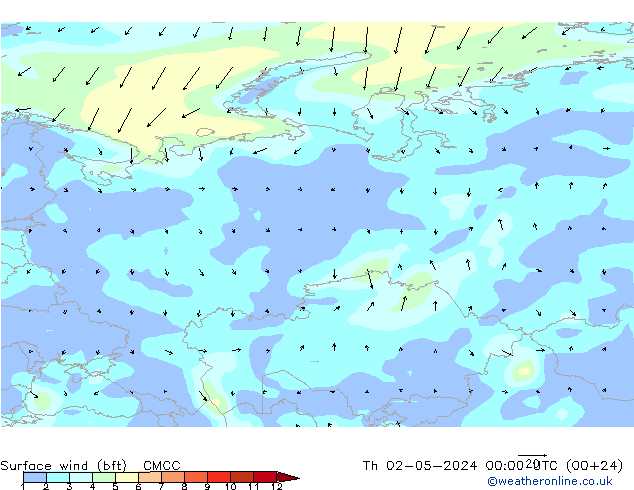 Surface wind (bft) CMCC Th 02.05.2024 00 UTC