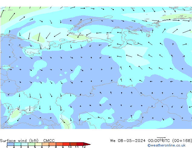 Wind 10 m (bft) CMCC wo 08.05.2024 00 UTC