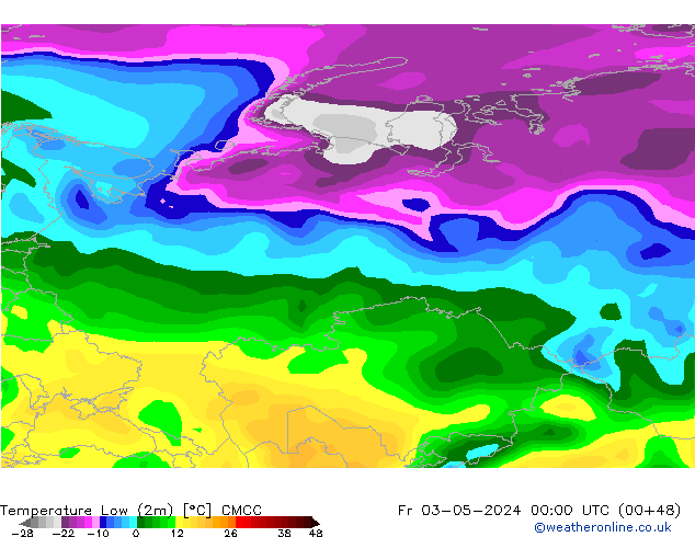 Temperatura mín. (2m) CMCC vie 03.05.2024 00 UTC