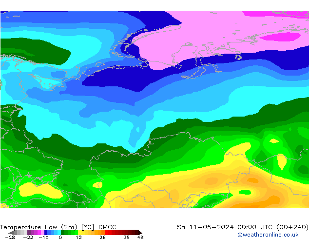 temperatura mín. (2m) CMCC Sáb 11.05.2024 00 UTC