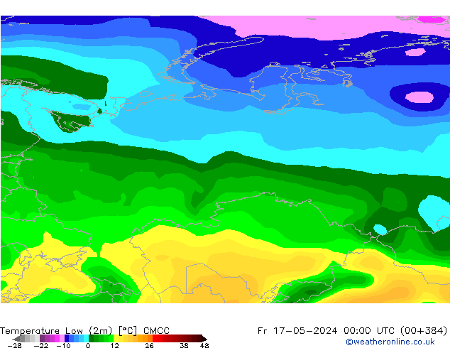 Min.temperatuur (2m) CMCC vr 17.05.2024 00 UTC