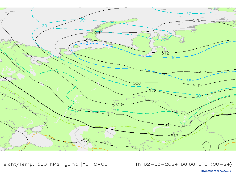 Height/Temp. 500 hPa CMCC Qui 02.05.2024 00 UTC