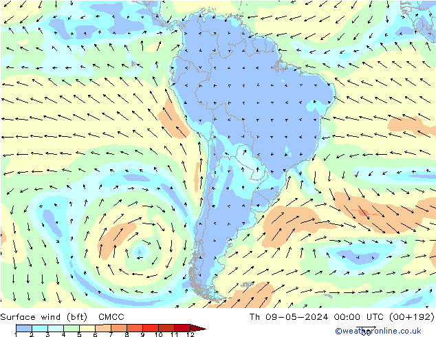Surface wind (bft) CMCC Th 09.05.2024 00 UTC