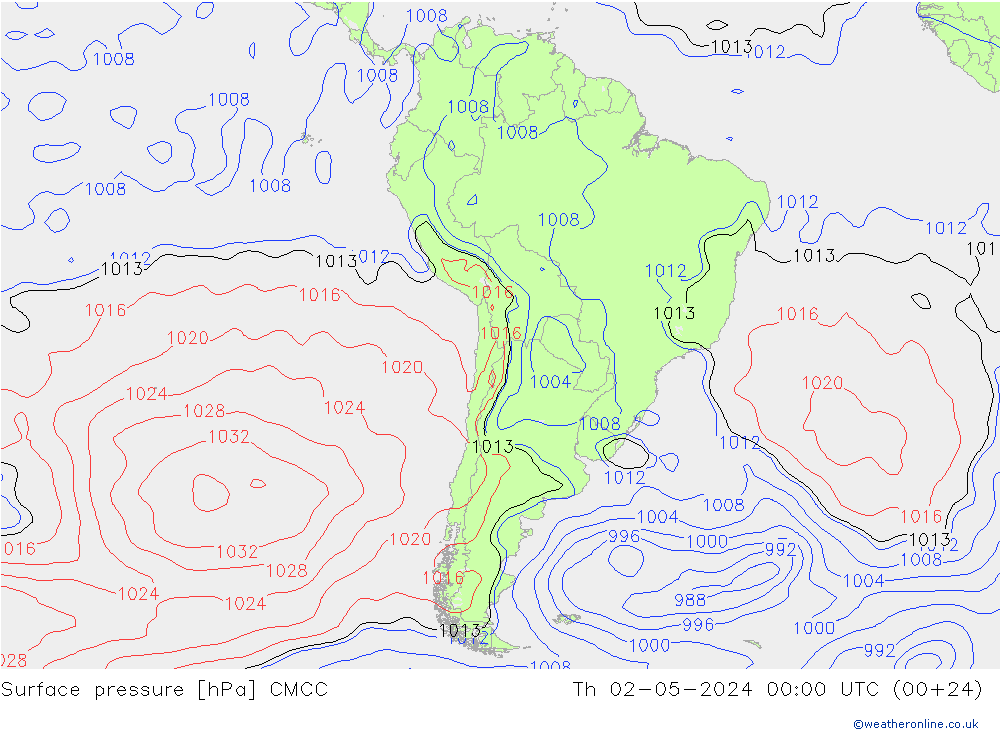 Presión superficial CMCC jue 02.05.2024 00 UTC