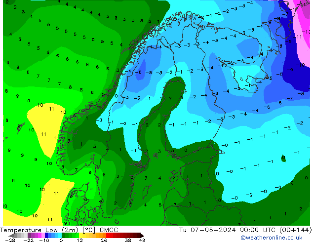 Temperature Low (2m) CMCC Tu 07.05.2024 00 UTC