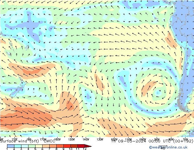 Surface wind (bft) CMCC Čt 09.05.2024 00 UTC