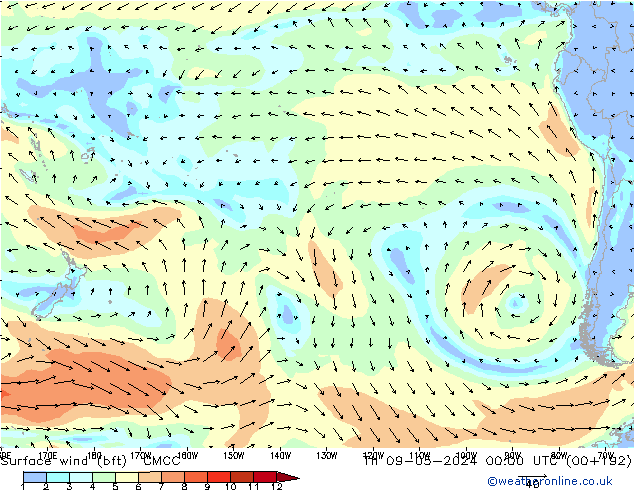 Vent 10 m (bft) CMCC jeu 09.05.2024 00 UTC