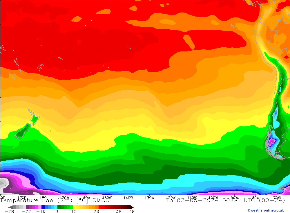 temperatura mín. (2m) CMCC Qui 02.05.2024 00 UTC