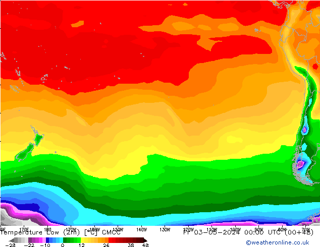 temperatura mín. (2m) CMCC Sex 03.05.2024 00 UTC