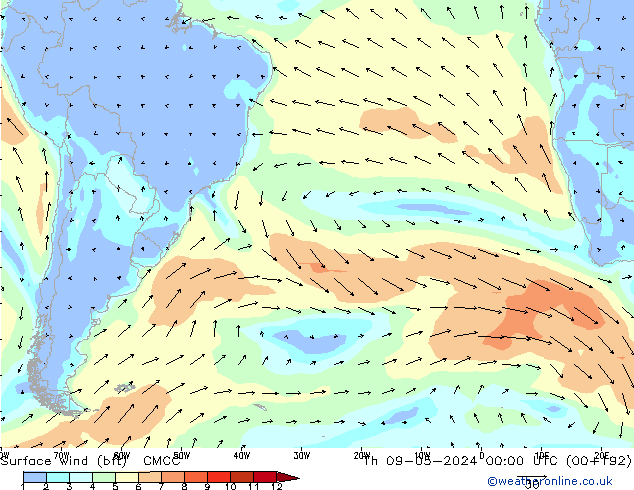 Viento 10 m (bft) CMCC jue 09.05.2024 00 UTC