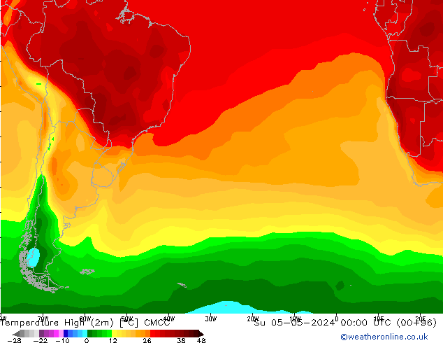 Nejvyšší teplota (2m) CMCC Ne 05.05.2024 00 UTC