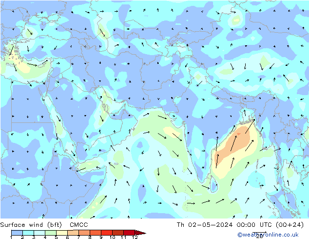 Surface wind (bft) CMCC Th 02.05.2024 00 UTC