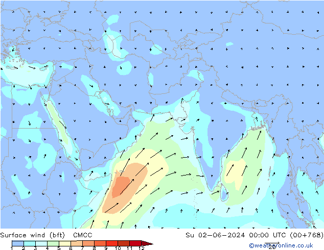 Surface wind (bft) CMCC Su 02.06.2024 00 UTC