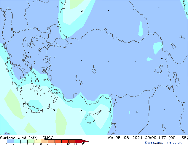 Viento 10 m (bft) CMCC mié 08.05.2024 00 UTC