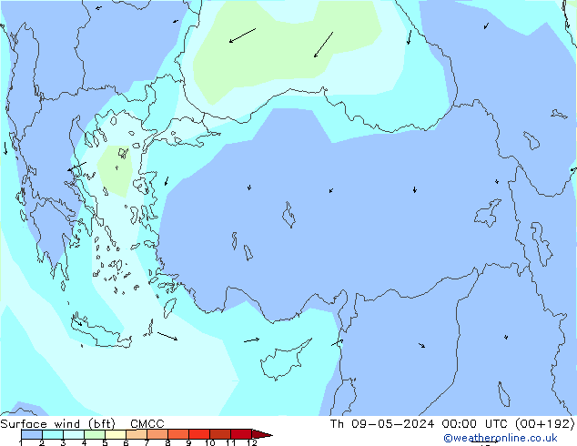 Vent 10 m (bft) CMCC jeu 09.05.2024 00 UTC