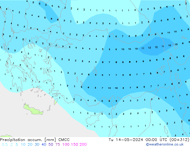 Precipitation accum. CMCC Út 14.05.2024 00 UTC