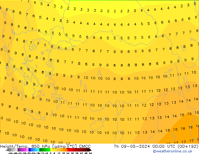 Hoogte/Temp. 850 hPa CMCC do 09.05.2024 00 UTC