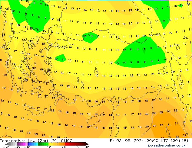 Min.temperatuur (2m) CMCC vr 03.05.2024 00 UTC