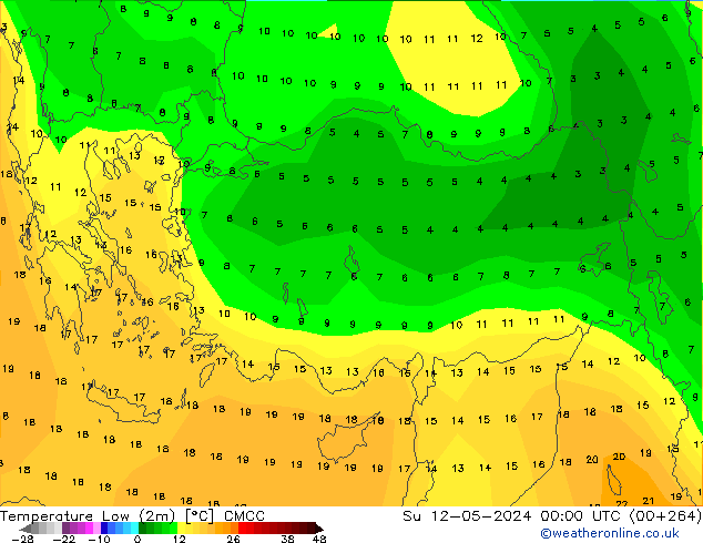 Min.temperatuur (2m) CMCC zo 12.05.2024 00 UTC